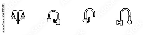 Vector illustration icons of various faucet designs showcasing modern styles and features for home plumbing needs