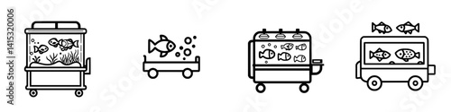Vector illustration icons of various fish tanks with mobile carts suitable for pet stores or aquariums