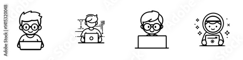 Diverse group of individuals engaged in various activities using laptops in a minimalistic vector illustration style