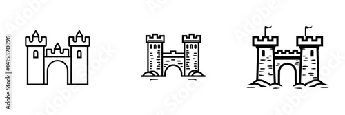 Vector illustration of three distinct castle designs showcasing architectural features and style variations