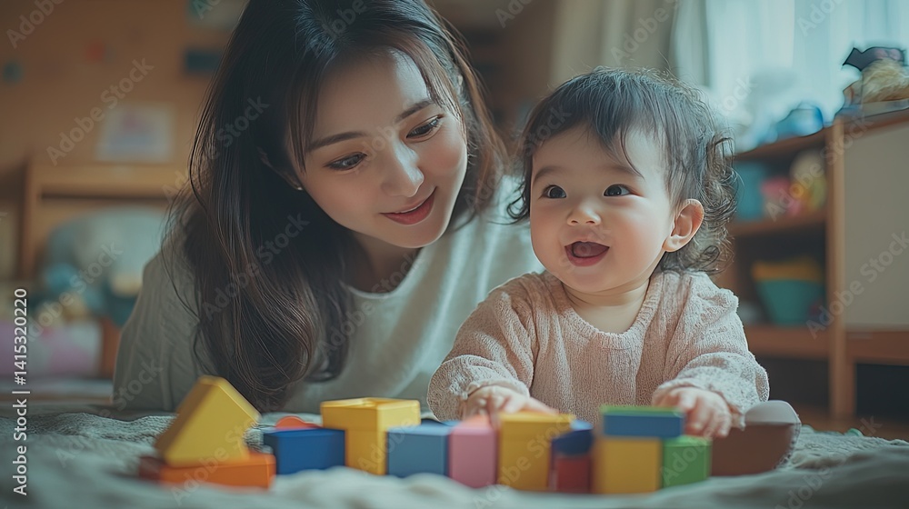 Playful young mother and giggling toddler stacking blocks in cozy pastel living room. Heartwarming childhood moment of joyful learning and loving mother-child interaction Playful young mother and giggling toddler stacking blocks in cozy pastel living room. Heartwarming childhood moment of joyful learning and loving mother-child interaction