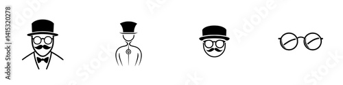 Vector illustration featuring a collection of stylized icons depicting gentlemen hats and eyewear designs in a minimalist style