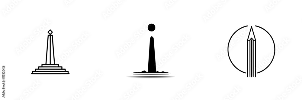 Vector illustration icons of three unique monument designs featuring geometric shapes and clean lines for artistic representation Vector illustration icons of three unique monument designs featuring geometric shapes and clean lines for artistic representation