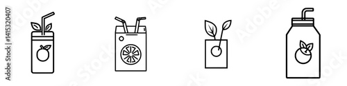 Vector illustration of various juice containers with leaves, showcasing eco-friendly drink designs for healthy lifestyles