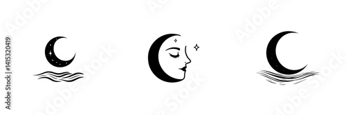 Vector illustration of moon symbols featuring waves and a woman's face expressing tranquility and beauty in a nighttime setting