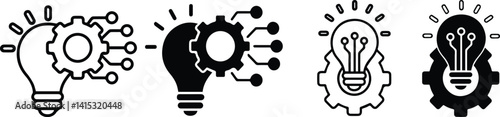Light bulb icons, idea symbols, creative thinking illustrations, brain lightbulb concepts, black and white graphics, innovation bubble illustrations, knowledge symbols,