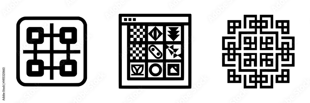 Vector illustration icons depicting abstract shapes and grid patterns showcasing various designs for digital art and creativity Vector illustration icons depicting abstract shapes and grid patterns showcasing various designs for digital art and creativity