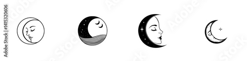 Vector illustration of four unique moon and face designs showcasing different phases and expressions in a minimalistic style