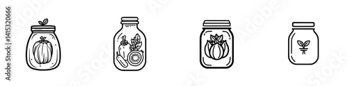 Vector illustration icons representing various jars with ingredients such as fruits and vegetables, showcasing food preservation concepts