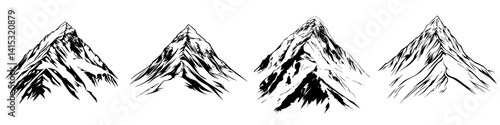 Vector illustration icons of snow-capped mountains in varying styles and angles suitable for outdoor adventure themes