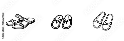 Collection of vector illustrations depicting different styles of sandals for summer footwear