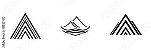 Vector illustration icons of mountains and waves showcasing a minimalist nature theme for outdoor activities and branding