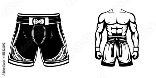 Stylized vector illustration of boxing shorts and muscular male figure in a fighting stance