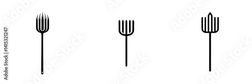 Minimalistic vector illustrations of farm forks in black and white design representing agricultural tools for rural settings