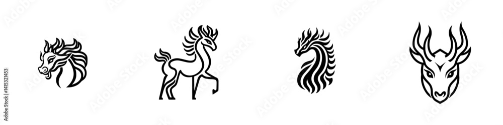 Stylized vector illustrations of various mythical creatures featuring elegant designs and intricate patterns on a clean background Stylized vector illustrations of various mythical creatures featuring elegant designs and intricate patterns on a clean background