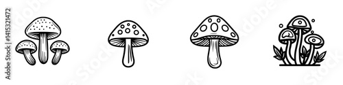 Vector illustration icons of mushrooms in various styles showcasing their unique shapes and features, perfect for nature and botanical themes