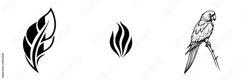 Stylized vector illustration of leaves and a parrot showcasing nature-inspired designs Stylized vector illustration of leaves and a parrot showcasing nature-inspired designs