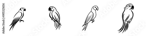 Stylized vector illustration of four distinct parrot characters perched in various postures on a minimalist design background