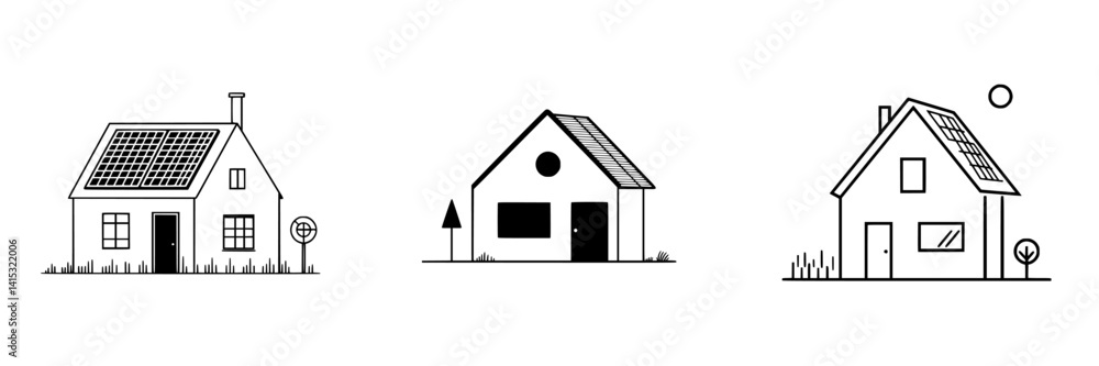Modern vector illustrations of eco-friendly houses featuring solar panels on rooftops