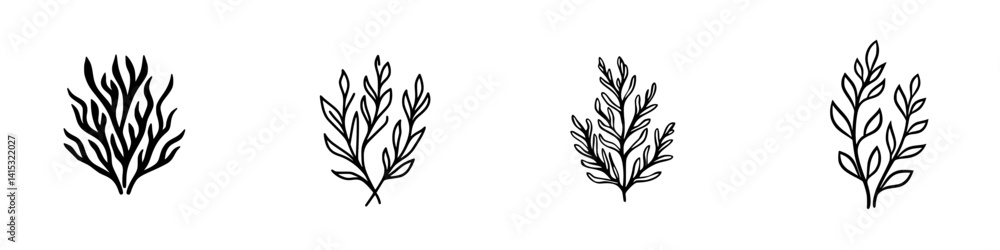 Vector illustration icon of four unique botanical elements representing diverse plant life, suitable for various design and creative projects Vector illustration icon of four unique botanical elements representing diverse plant life, suitable for various design and creative projects