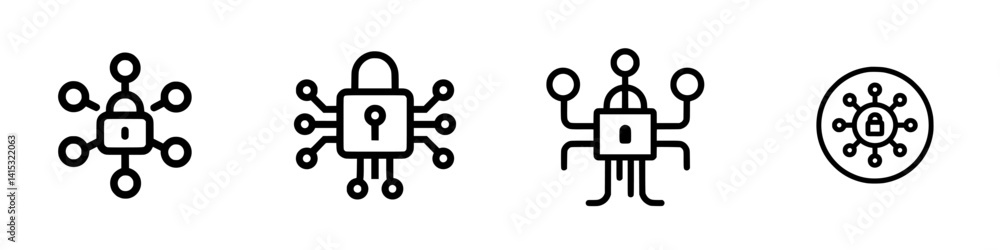 Vector illustration icons representing cybersecurity and data protection concepts with interconnected elements and padlocks Vector illustration icons representing cybersecurity and data protection concepts with interconnected elements and padlocks