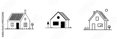 Obraz na płótnie Modern vector illustrations of eco-friendly houses featuring solar panels on rooftops w salonie