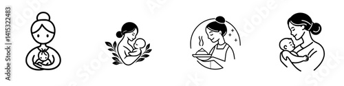 Motherhood represented through diverse nurturing activities in vector illustration style