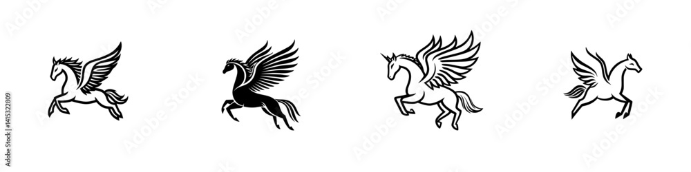 Vector illustration of four mythical winged horses in various poses, showcasing dynamic movement and artistic design Vector illustration of four mythical winged horses in various poses, showcasing dynamic movement and artistic design