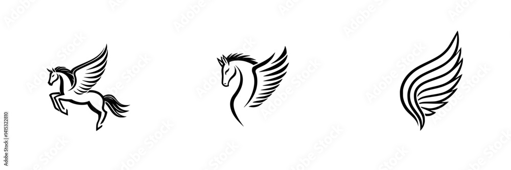 Unique vector illustrations of mythical winged horses in dynamic poses showcasing elegance and freedom