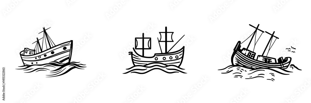 Vector illustration of three distinct boats sailing on waves in a nautical setting showcasing various designs and styles Vector illustration of three distinct boats sailing on waves in a nautical setting showcasing various designs and styles