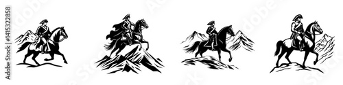 Historical military leaders on horseback riding through mountainous terrain in a vector illustration style