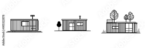Modern vector illustration of three minimalist house designs showcasing unique architectural features and eco-friendly elements
