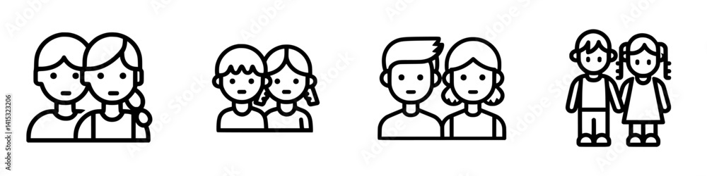 Vector illustration icons depicting groups of people in various combinations engaging in friendly interactions and connections Vector illustration icons depicting groups of people in various combinations engaging in friendly interactions and connections