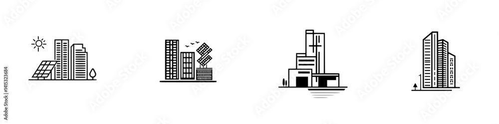 Vector illustration icons showing modern buildings, sustainability features, and urban architecture in a simplified design style Vector illustration icons showing modern buildings, sustainability features, and urban architecture in a simplified design style