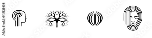 Vector illustration icon depicting brain, tree, abstract shape, and face representing interconnectedness of thoughts and nature