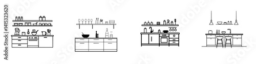Vector illustration of modern kitchen elements showing various kitchen setups and storage options for a functional cooking space