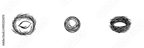 Vector illustration depicting three different types of nest designs showcasing nature-inspired creativity and simplicity in a minimalist style