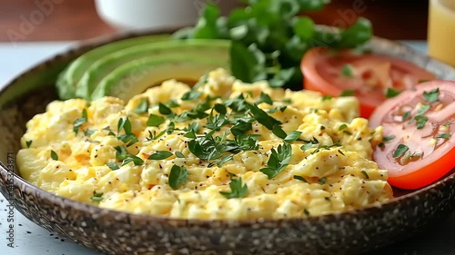 Scrumptious scrambled eggs with avocado, tomatoes, and herbs.