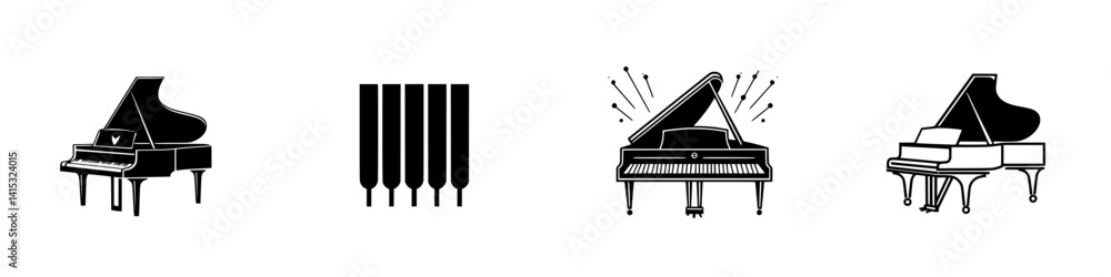 Vector illustration icons depicting various grand pianos with keys and sound effects in a creative music design concept Vector illustration icons depicting various grand pianos with keys and sound effects in a creative music design concept
