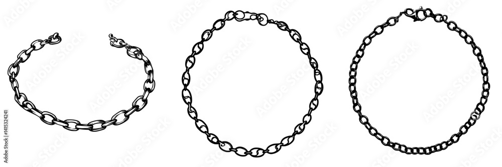 Various styles of vector illustration icon featuring chain bracelets for fashion and accessories Various styles of vector illustration icon featuring chain bracelets for fashion and accessories