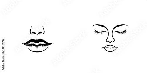 Stylized vector illustration of faces featuring lips and eyes showcasing minimalist features in black outlines