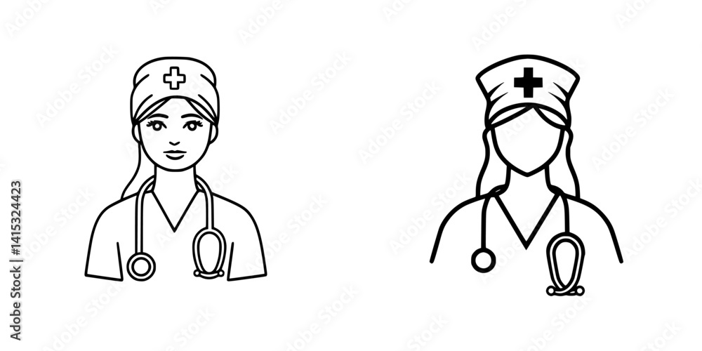Vector illustration of two nurses in uniform with stethoscopes in a healthcare setting Vector illustration of two nurses in uniform with stethoscopes in a healthcare setting