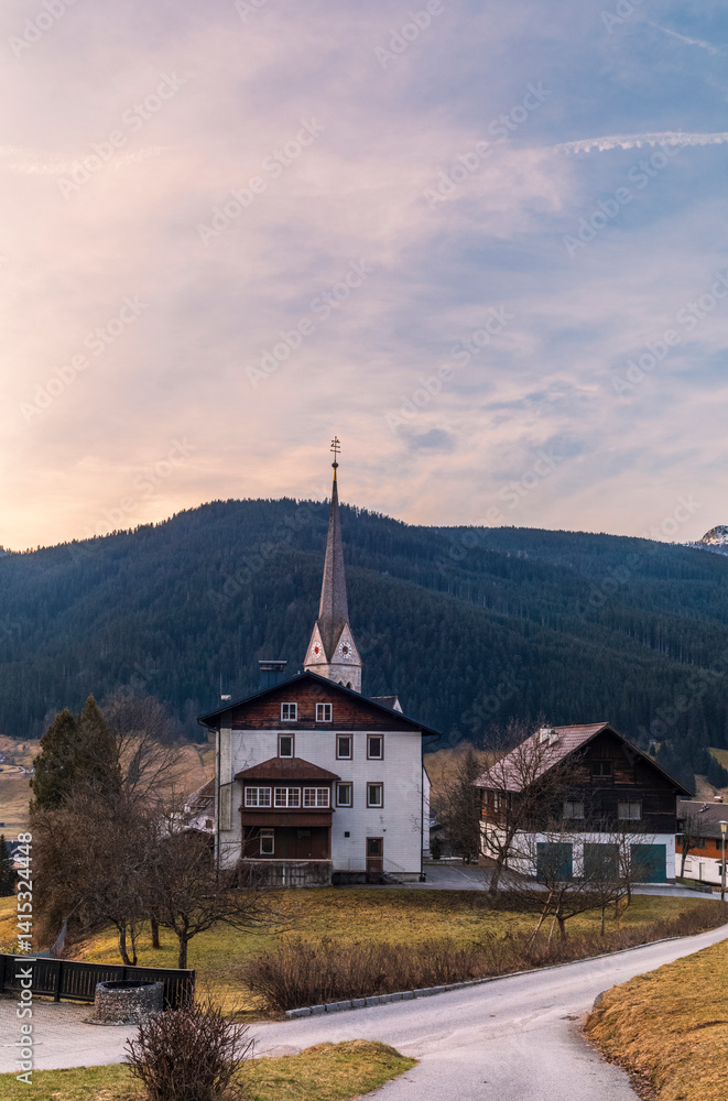 The catholic church in Gosau in Austria early in the morning The catholic church in Gosau in Austria early in the morning