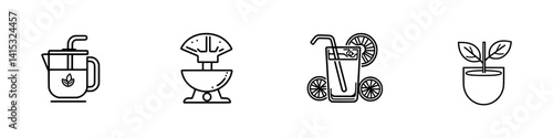 Vector illustration icons of beverage preparation, citrus juicing, refreshing drinks, and plant growth