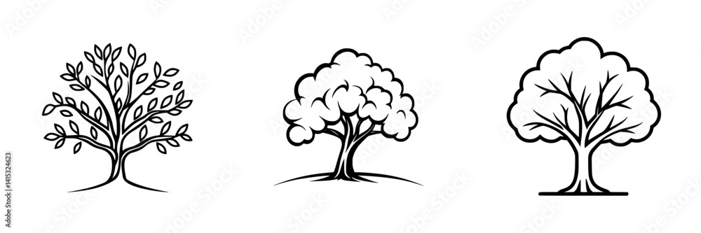 Vector illustration depicting three distinct tree designs showcasing various leaf styles and branch structures Vector illustration depicting three distinct tree designs showcasing various leaf styles and branch structures