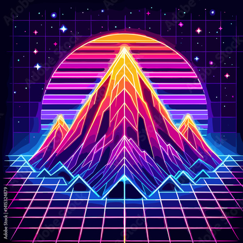Neon retro mountain landscape with a sunrise and grid pattern in a vibrant synthwave style