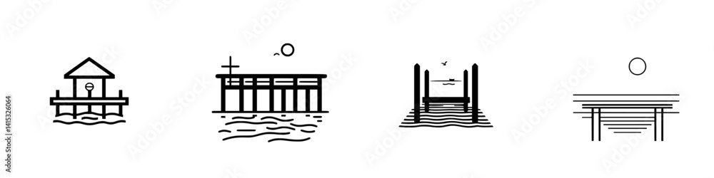Vector illustration icons of piers and platforms over water showcasing various styles and structures