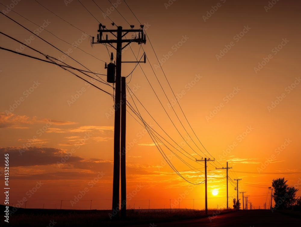 Striking sunset with power lines silhouetted against a vibrant orange sky, representing energy and infrastructure. Ideal for energy companies, rural landscapes, and sunset photography. Striking sunset with power lines silhouetted against a vibrant orange sky, representing energy and infrastructure. Ideal for energy companies, rural landscapes, and sunset photography.