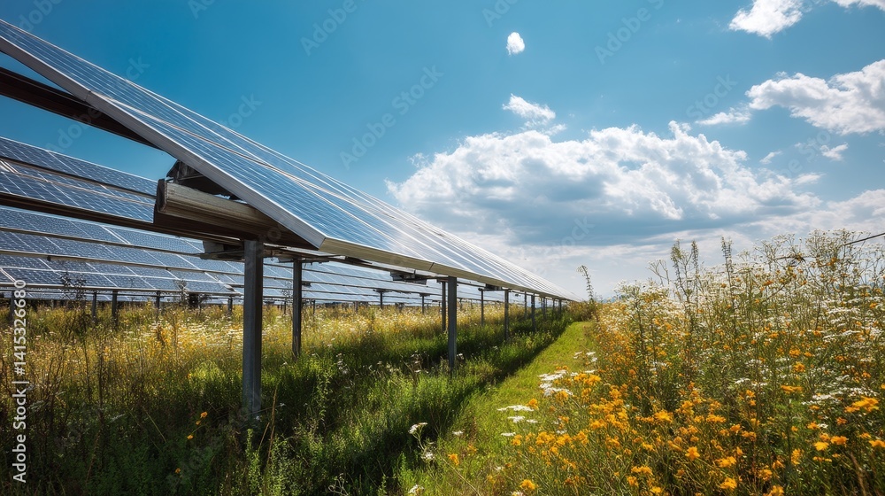 Fototapeta premium Solar Panel Field Sunny Sky, Clean Energy Array in Flower Meadow with Summer Clouds and Green Grass Environment