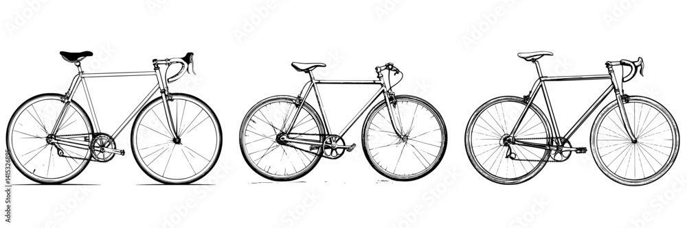 Vector illustration of three distinct bicycle designs showcasing different styles and features in a minimalist aesthetic Vector illustration of three distinct bicycle designs showcasing different styles and features in a minimalist aesthetic